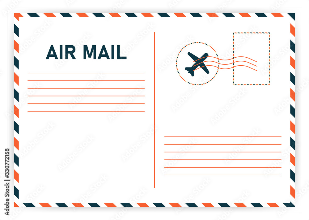 Air Mail. Postcard travel vector in air mail style with paper texture and rubber stamps on white background. Vector Air Mail. Postcard travel vector in air mail style with paper texture and rubber stamps on white background. Vector