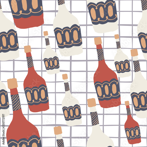 Funny glass bottle seamless pattern on stripes background. Alcohol rum bottles.