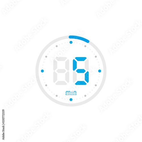 5 minute. Timer, clock, stopwatch isolated blue icons on white background. Vector