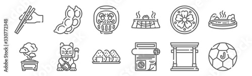 set of 12 japan icons. outline thin line icons such as football, hanko, maneki neko, family, daruma, edamame