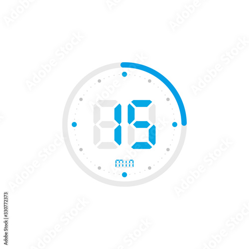 15 minute. Timer, clock, stopwatch isolated blue icons on white background. Vector