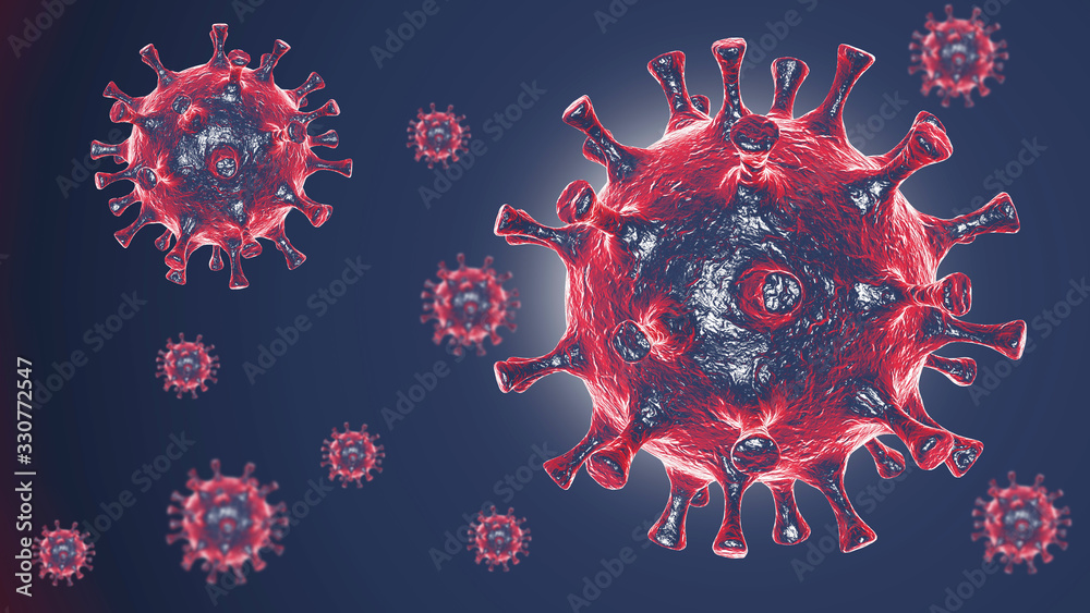 2019 nCov-Corona virus cell outbreak and coronaviruses influenza red background concept dangerous flu shot pandemic medical health risk with disease. selective focus 3D rendering and illustration 