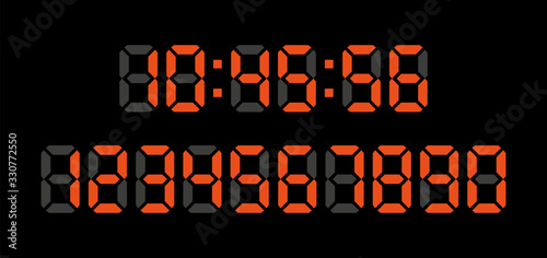 Digital clock numbers on black background. Set red numbers. Vector