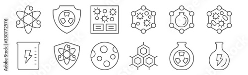 set of 12 scientific icons. outline thin line icons such as power, cell wall, military, chemistry, laboratory, nuclear