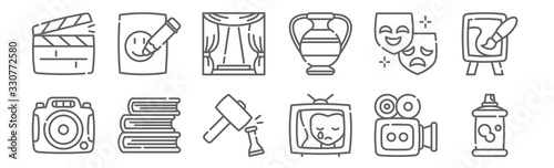 set of 12 fine arts icons. outline thin line icons such as spray paint, drama, books, theater, stage, sketch