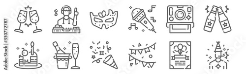 set of 12 party icons. outline thin line icons such as man, garlands, champagne, polaroid, eye mask, dj