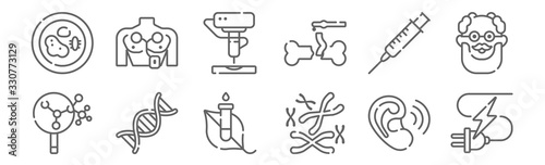 set of 12 bioengineering icons. outline thin line icons such as electricity, chromosome, dna, injection, d printer, monitoring