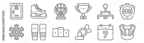 set of 12 hockey icons. outline thin line icons such as shoulder pads, air hockey, socks, tournament, goalkeeper, ice skates