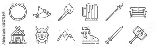 set of 12 viking icons. outline thin line icons such as hammer, boots, viking, spear, torch, horn