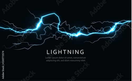 Isolated lightning, horizontal power and energy line, lightning strike, blue light from crack or gap on black background, vector illustration