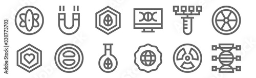set of 12 bioengineering icons. outline thin line icons such as dna, global, cell, test tube, biotechnology, magnetism