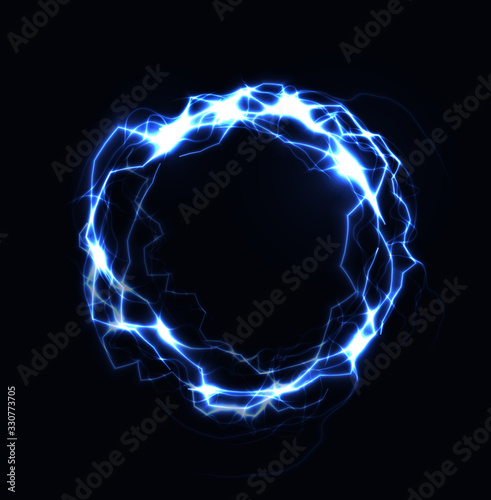 Realistic lightning ring, energy ball, magic sphere, blue color plasma on dark background. Isolated vector illustration
