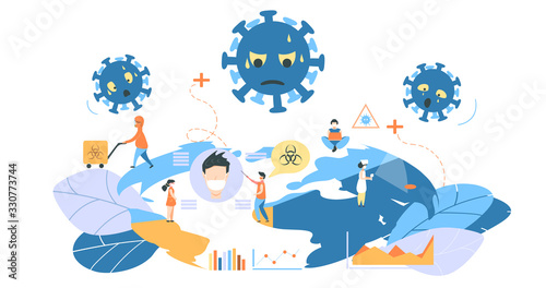 Coronavirus Covid-19 banner. People in sterile masks fight virus. World is fighting coronavirus and starting to win. Virus is retreating. Disinfection landing page. Doctor with infrared thermometer. 