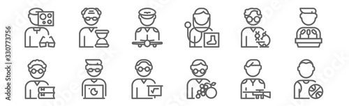 set of 12 man worker avatar icons. outline thin line icons such as basketball player, nutritionist, programmer, biochemist, pilot, historian