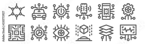 set of 12 artificial intelligence icons. outline thin line icons such as voice recognition, hologram, analytics, smartphone, power button, autonomous car