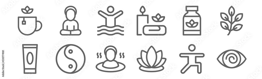 set of 12 therapy icons. outline thin line icons such as hypnosis, lotus, yin yang, supplement, physiotherapy, yoga - obrazy, fototapety, plakaty 