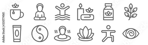 set of 12 therapy icons. outline thin line icons such as hypnosis, lotus, yin yang, supplement, physiotherapy, yoga