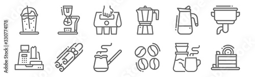 set of 12 coffee icons. outline thin line icons such as cake, coffee beans, cinnamon, percolator, take away, syphon