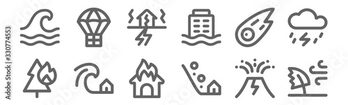 set of 12 disaster icons. outline thin line icons such as windy, landslide, tsunami, meteor, earthquake, airdrop