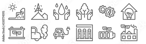 set of 12 save the world icons. outline thin line icons such as factory, dam, car, energy, save water, wind turbine