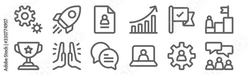 set of 12 teamwork icons. outline thin line icons such as chat, conference, high five, tick, paper, shuttle