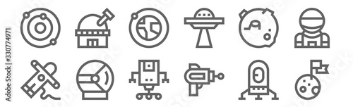 set of 12 space icons. outline thin line icons such as moon landing, blaster, helmet, craters, orbit, observatory