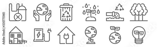 set of 12 save the world icons. outline thin line icons such as lightbulb, earth, fuel station, water, recycle bin, world