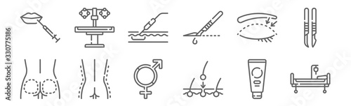 set of 12 plastic surgery icons. outline thin line icons such as hospital, hair, buttocks, eye, fat, surgical table