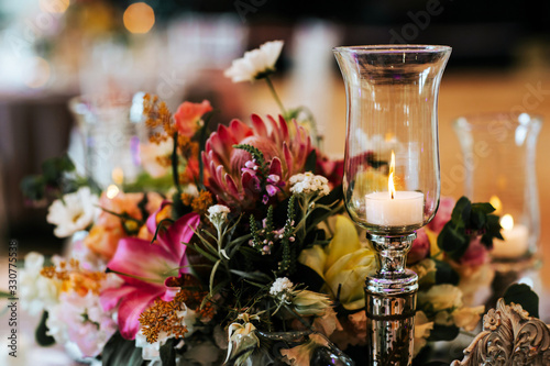 Beautiful  decorated table with flower decorations.  Wedding or party decorations.