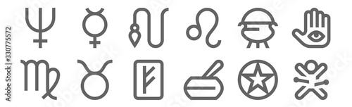 set of 12 esoteric icons. outline thin line icons such as voodoo doll, singing bowl, taurus, cauldron, pendulum, mercury