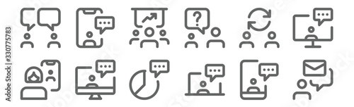 set of 12 meeting icons. outline thin line icons such as email, chatting, chatting, switch, discussion, chatting
