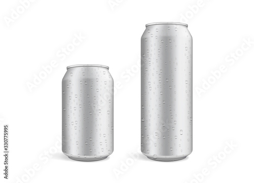 big and small beer cans with water drops isolated on white background  mock up 
