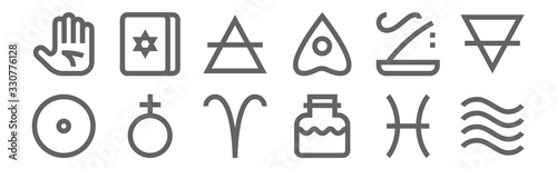 set of 12 esoteric icons. outline thin line icons such as water, potion, earth, incense burner, air, tarot