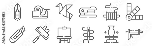 set of 12 diy crafts icons. outline thin line icons such as caulk gun, needle, paint roller, thread, origami, tape