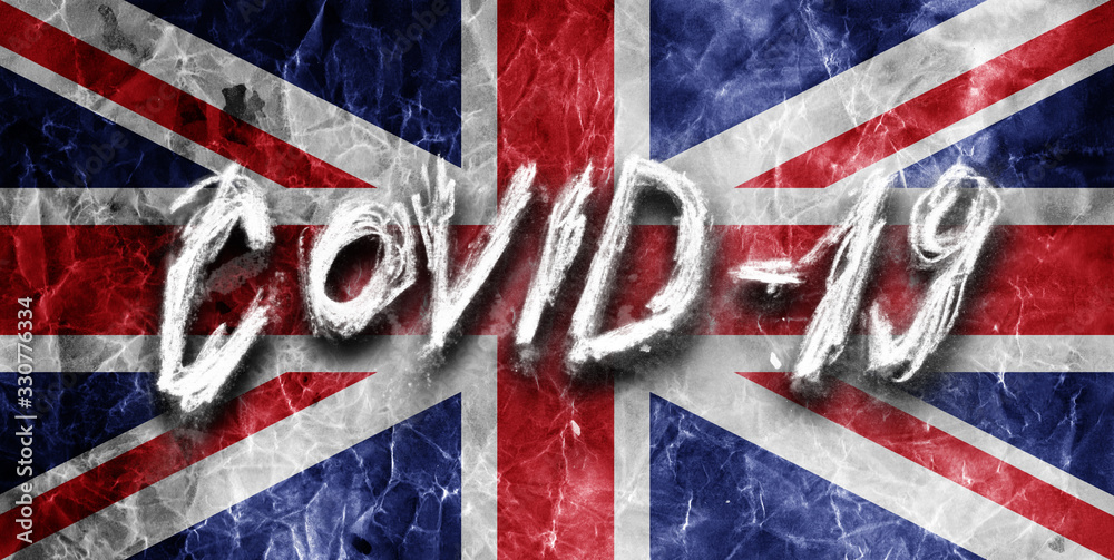 Fototapeta premium Grunge flag of United Kingdom with hand drawn Coronavirus name on it. 2019 - 2020 Novel Coronavirus (2019-nCoV) concept, for an outbreak occurs in UK.