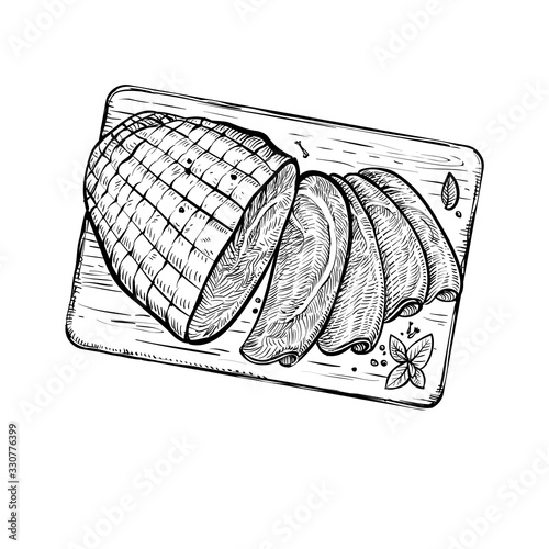 Sliced ham vector sketch. Overhead view of meat on the wooden board.