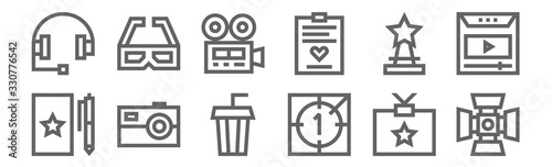 set of 12 film industry icons. outline thin line icons such as light, countdown, camera, award, videocamera, d glasses
