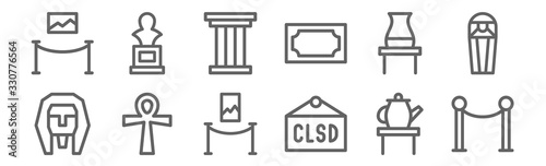 set of 12 museum icons. outline thin line icons such as barrier, closed, ankh, pottery, pillar, statue