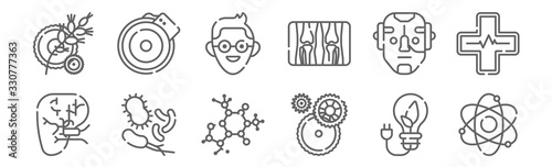 set of 12 bioengineering icons. outline thin line icons such as physics, mechanical, bacteria, robot, student, eye