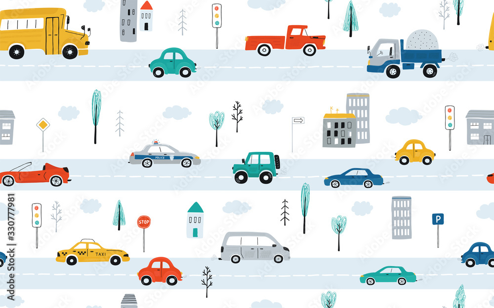 Cute children's seamless pattern with cars, traffic lights and road signs on a white background. Illustration of highway in a cartoon style for Wallpaper, fabric, and textile design. Vector Cute children's seamless pattern with cars, traffic lights and road signs on a white background. Illustration of highway in a cartoon style for Wallpaper, fabric, and textile design. Vector