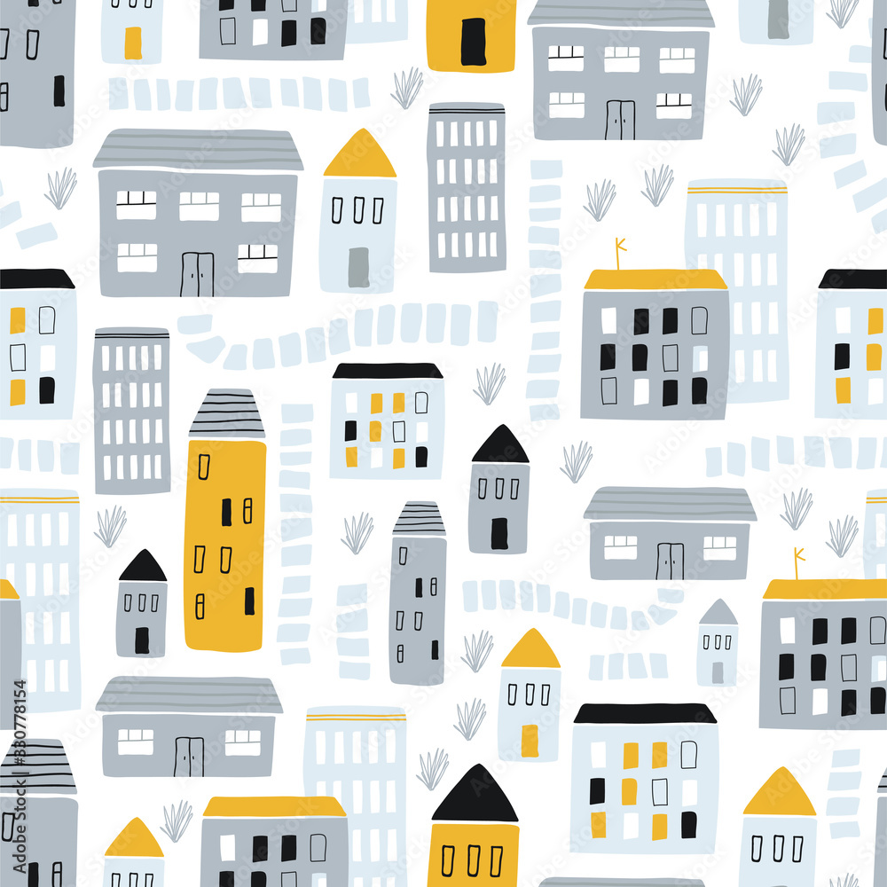 Seamless childish pattern with hand drawn houses yellow and gray on a white background. Creative kids city for fabric, textile, wallpaper, wrapping paper design. Vector illustration