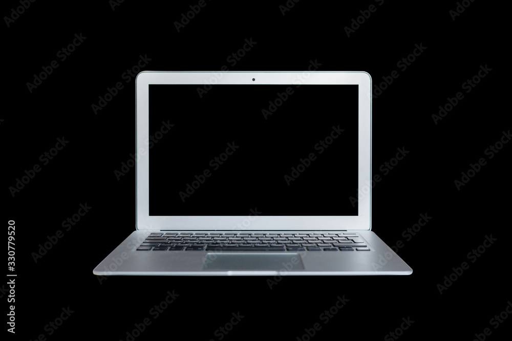 Laptop with black screen on black isolate background. Laptop with black screen on black isolate background.