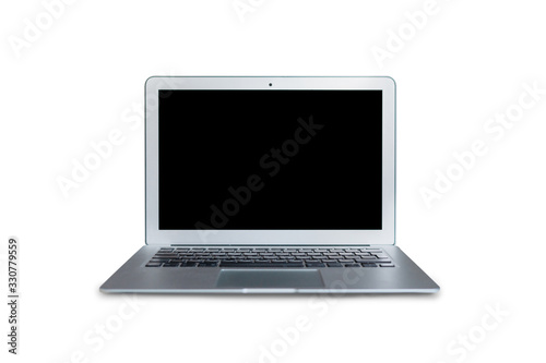 Laptop with black screen on isolate white background.