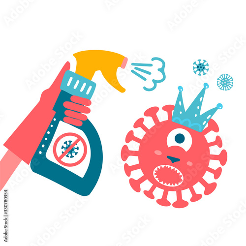 Disinfection coronavirus. Stop 2019-nCoV. Hand in glove spray kills a virus bacterium character. Disinfectant solution. Vector chidish illustration cartoon on white background. Prevention epidemic.