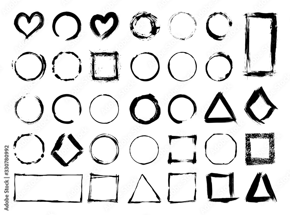 Collection of textured frames isolated on white background. Set of black templates with splashes and spray in form round, heart, square, triangle and rectangle. Collection of textured frames isolated on white background. Set of black templates with splashes and spray in form round, heart, square, triangle and rectangle.