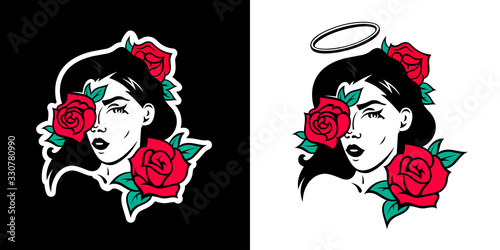 Vector illustrations of the face of a sexy girl with roses. Template for a tattoo, t-shirt print, sticker or logo. Retro badges in color versions.