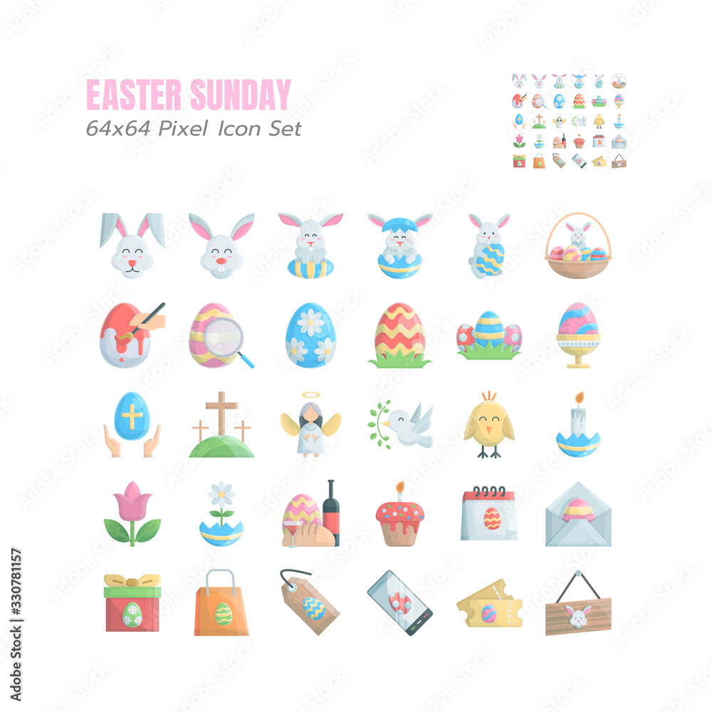 Simple Set of Easter Day Vector colorful glossy Icons. such as Eggs, Hunt, Bunny, Rabbit, Painting, Holiday Sale, Gift, Daisy, Sign, Holy, flower and more. Good as Decorative Your Work. Illustration.