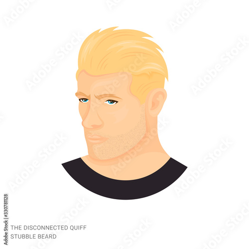 Vector illustration of a man with the disconnected quiff and stubble beard on a white background. The person with stylish haircut and beard. Template for barbershops, salons. Avatar in style realism.