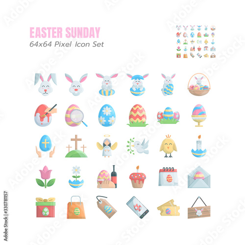 Simple Set of Easter Day Vector colorful glossy Icons. such as Eggs, Hunt, Bunny, Rabbit, Painting, Holiday Sale, Gift, Daisy, Sign, Holy, flower and more. Good as Decorative Your Work. Illustration.