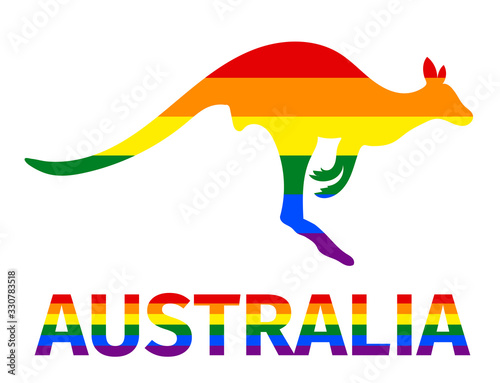Lgbt flag in contour of kangaroo and word Australia. Rainbow flag in contour of kangaroo and word Australia. Vector illustration.
